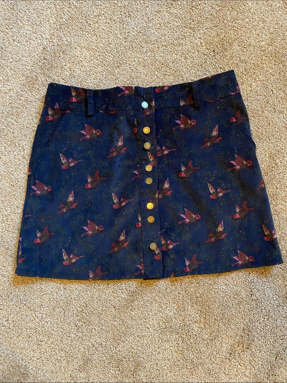 Women's Navy Bird-Print Button-Front Skirt